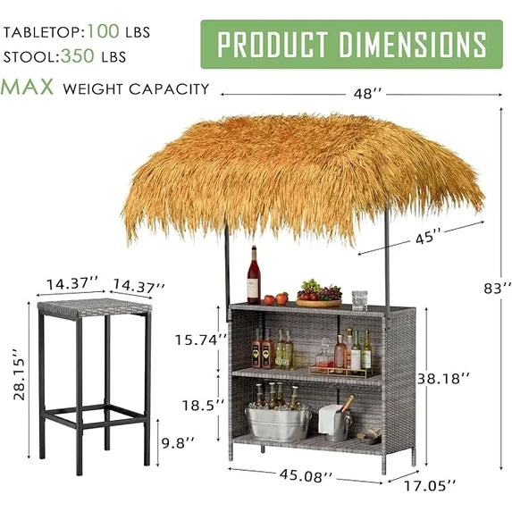 LAZZO 3 Pieces Outdoor Bar Set, Patio Wicker Bar Set with Height Stools and Islander Tiki Bar for Garden, Gray