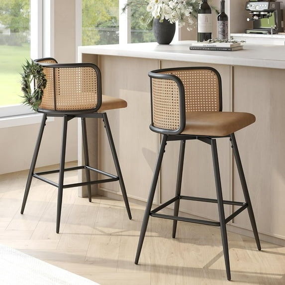 LAZZO Swivel Bar Stools Set of 2, 26” Counter Height Mid-Century Modern Stools with Natural Rattan Woven Back & Faux Leather Seat, Brown