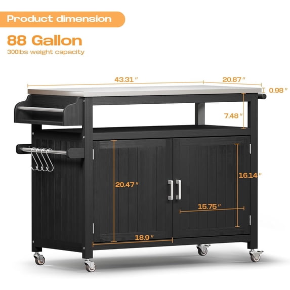 LAZZO Outdoor Grill Cart with Storage Cabinet, 43.3" Kitchen Island Station with Stainless Steel Top, Black