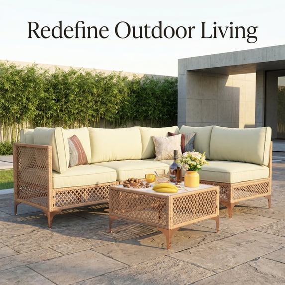 LAZZO 5-Piece Patio Furniture Set, Outdoor Wicker Conversation Set with Thick Cushions & Coffee Table for Backyard and Garden, Beige