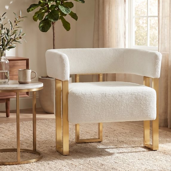 LAZZO Barrel Accent Chair, Mid-Century Modern Teddy Fleece Upholstered Armchair with Gold Metal Legs, White