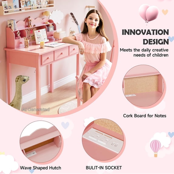 LAZZO 36“ Writing Desk with Built-in Outlet and Detachable Hutch, Wooden Computer Desk for Small Place and Home Office, Pink