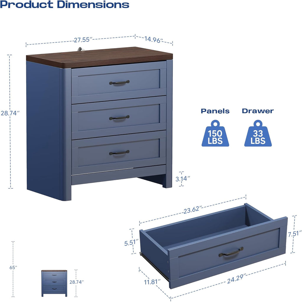 LAZZO Set of 2 Nightstands, Blue Small Bedside Table with 3 Drawers for Bedroom