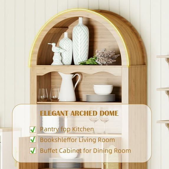 LAZZO 63" Arched Pantry Cabinet, Storage Cupboard with Anti-Tipping Device, Natural Wood Color