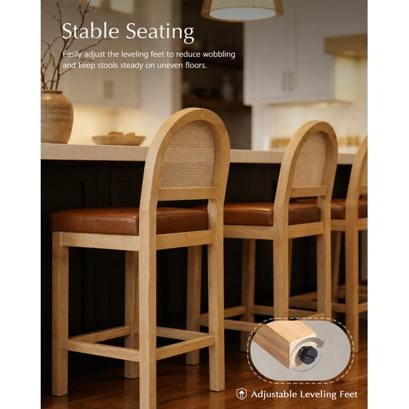 LAZZO Rattan Bar Stools Set of 3, Wooden Counter Height Stools with Rattan Woven Back and Chenille Seat for Dining Room, Brown