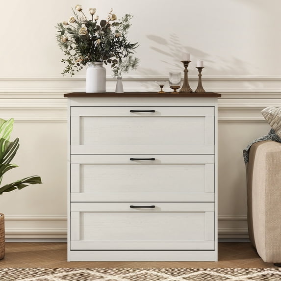 LAZZO 3-Drawer Dresser, Farmhouse Rustic Wood Chest of Drawers, Wide Storage Organizer for Bedroom, Living Room, Entryway, White
