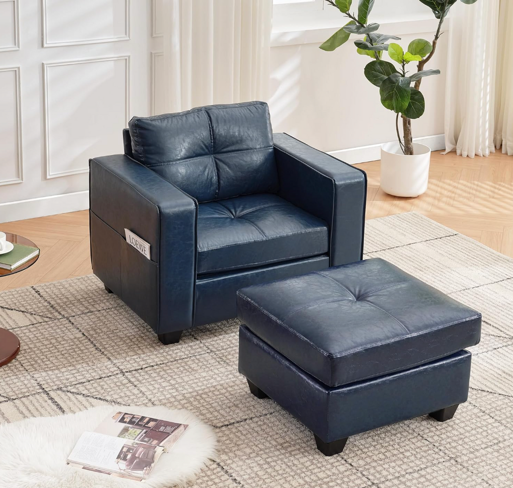 TYBOATLE Wide Accent Chair with Ottoman, Oversized Chaise Lounge Chair Indoor, Mid Century Modern Armchair with Pockets, Leather Comfy Chairs for Bedroom, Living Room, Office (Blue)