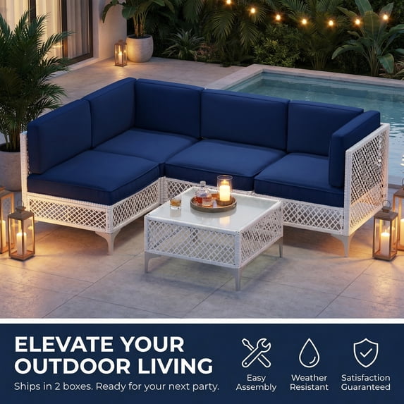 LAZZO 5-Piece Patio Furniture Set, Outdoor Wicker Conversation Set with Thick Cushions & Coffee Table for Backyard and Garden, Blue