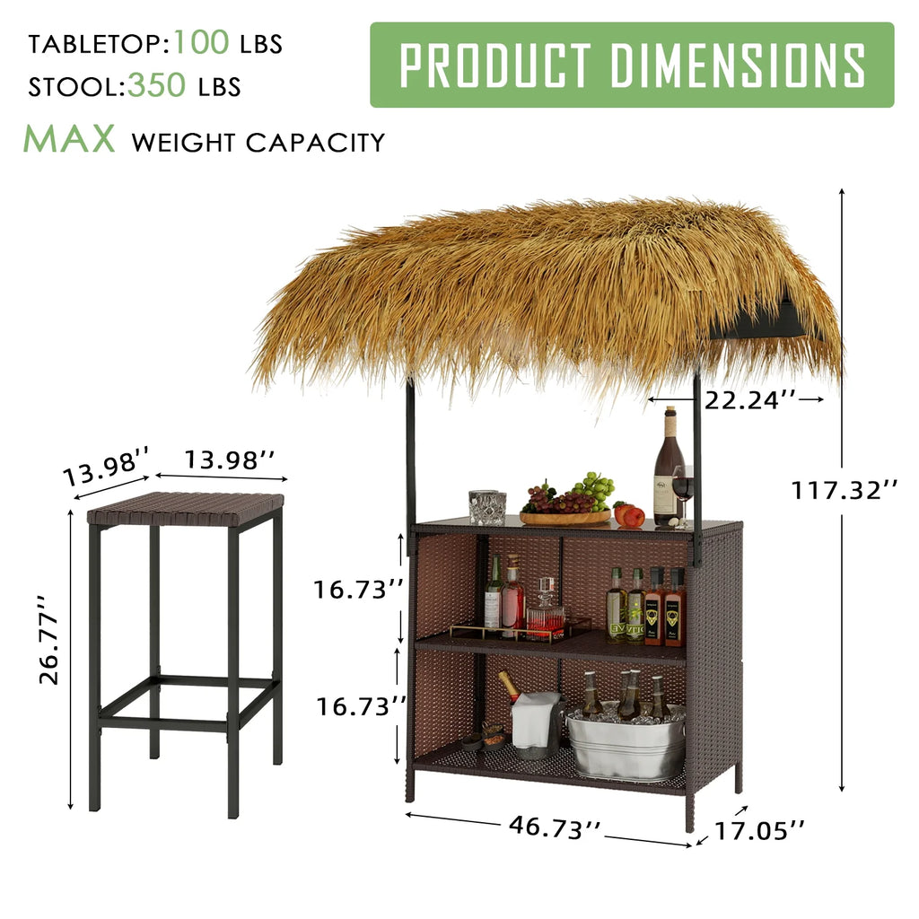 LAZZO 3 Pieces Outdoor Bar Set, Patio Wicker Tiki Bar Set with Height Stools and Islander Tiki Bar for Garden, Dark Brown
