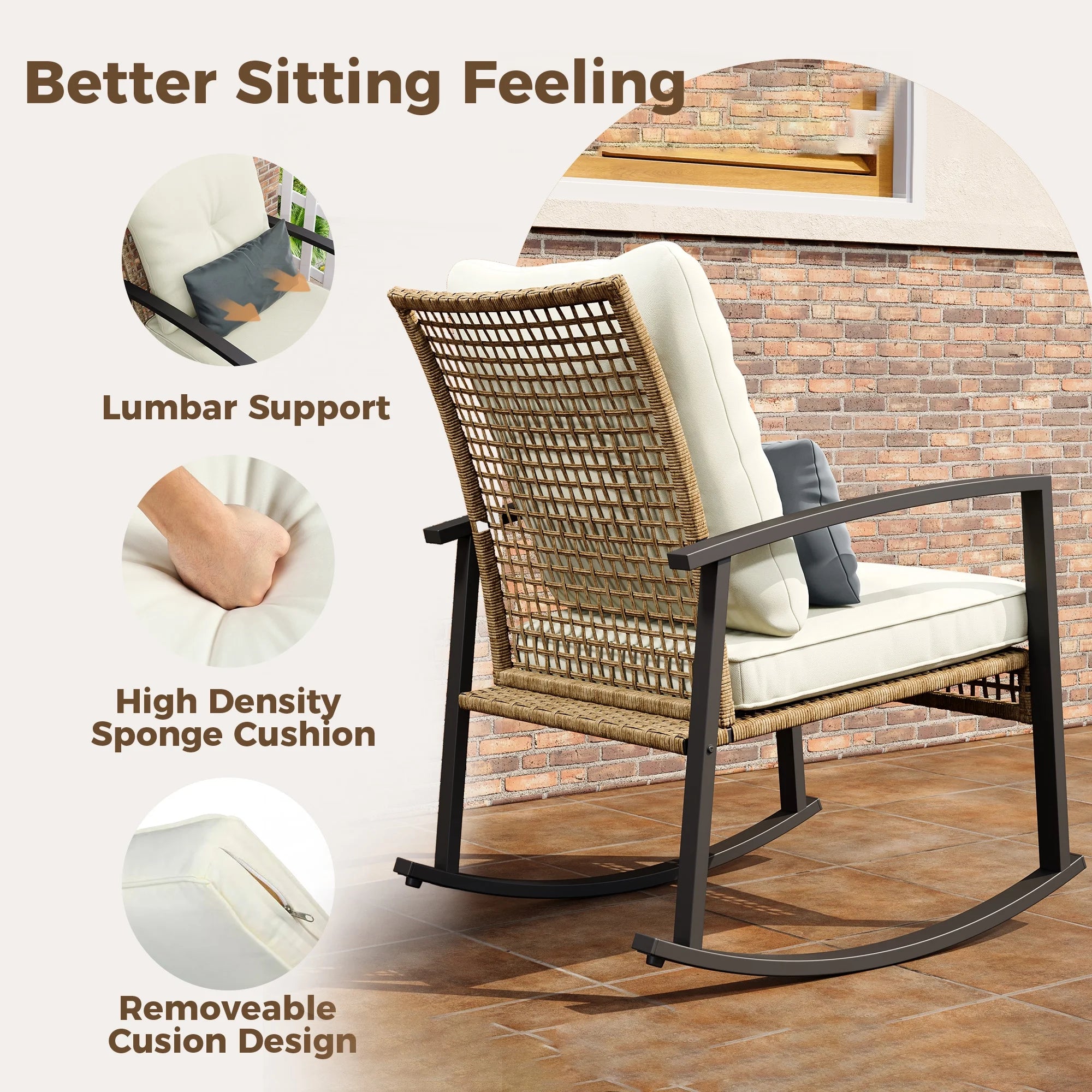 LAZZO 3 Pieces Patio Outdoor Conversation Set with Lumbar Pillows and Coffee Table, PE Wicker Rocking Chairs with Beige Cushions