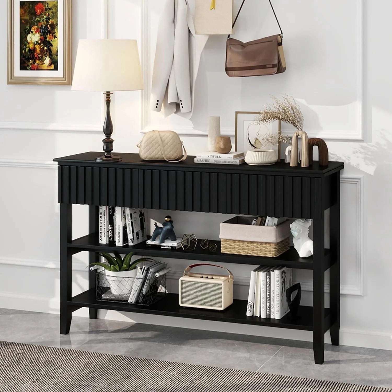 LAZZO Modern Fluted Console Table, Narrow Long Behind Couch Sofa Entryway Table with 3 Drawers & 2-Tier Open Shelf, Black