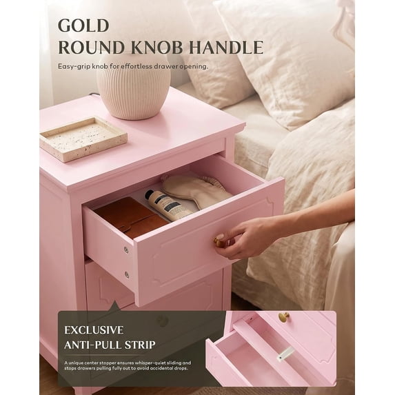 LAZZO 3-Drawer Nightstand, Storage Side End Table for Bedroom and Living Room, Pink