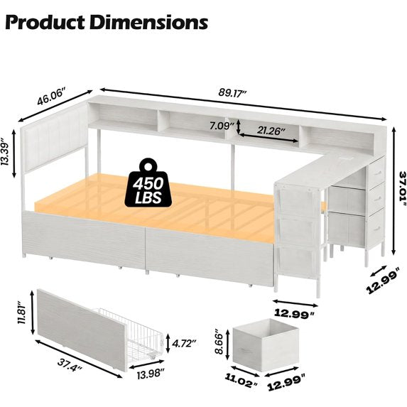 LAZZO Twin Corner Bed Frame with Storage,Twin Size Bed Frame with LED Lights and Charging Station, Daybed Frame with Upholstered Headboard, White