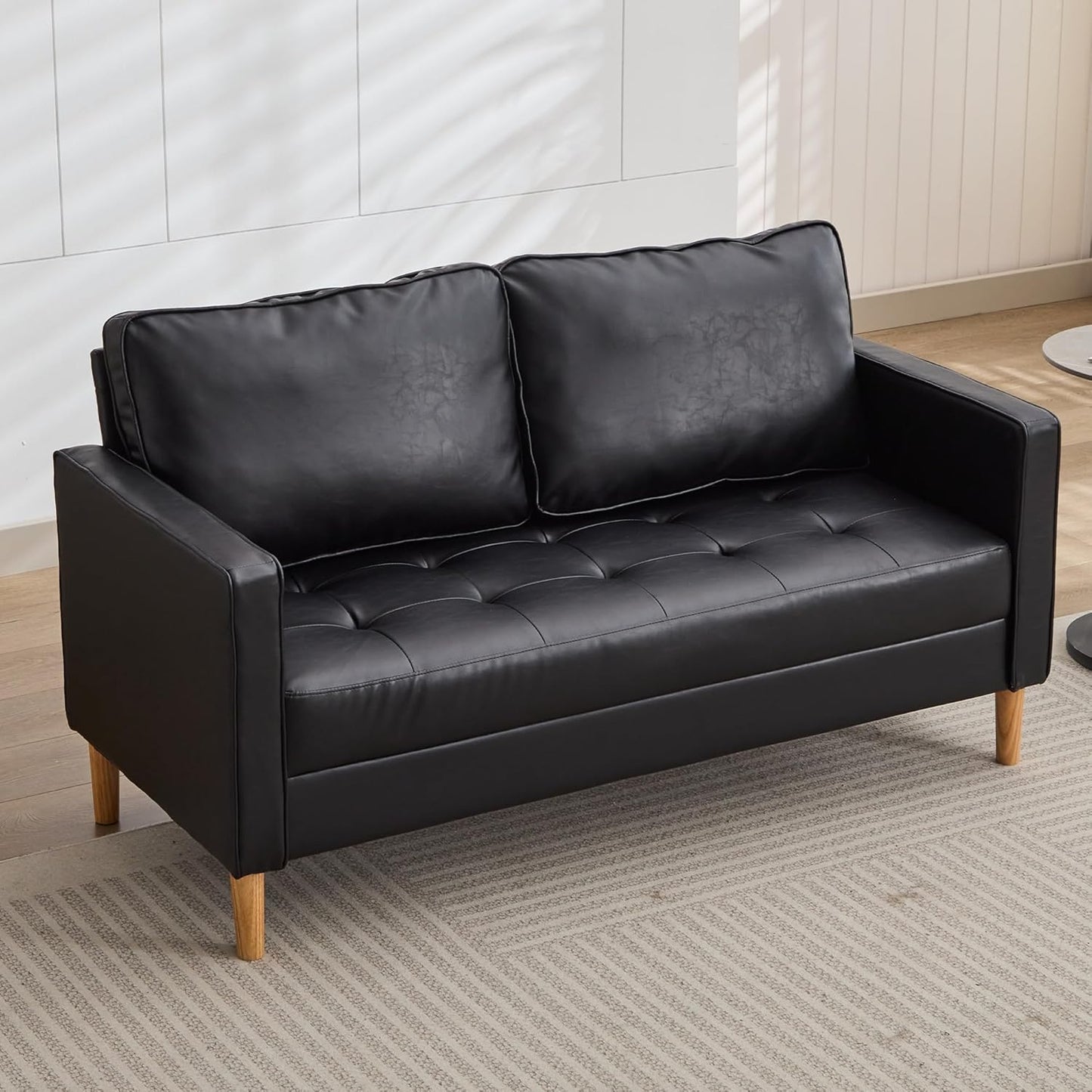 TYBOATLE 57" Sofa Couch, Black Faux Leather Modern Loveseat for Living Room, Tufted Mini Sofa, Comfy Office 2 Seat Love Seats, Small Couches for Small Space