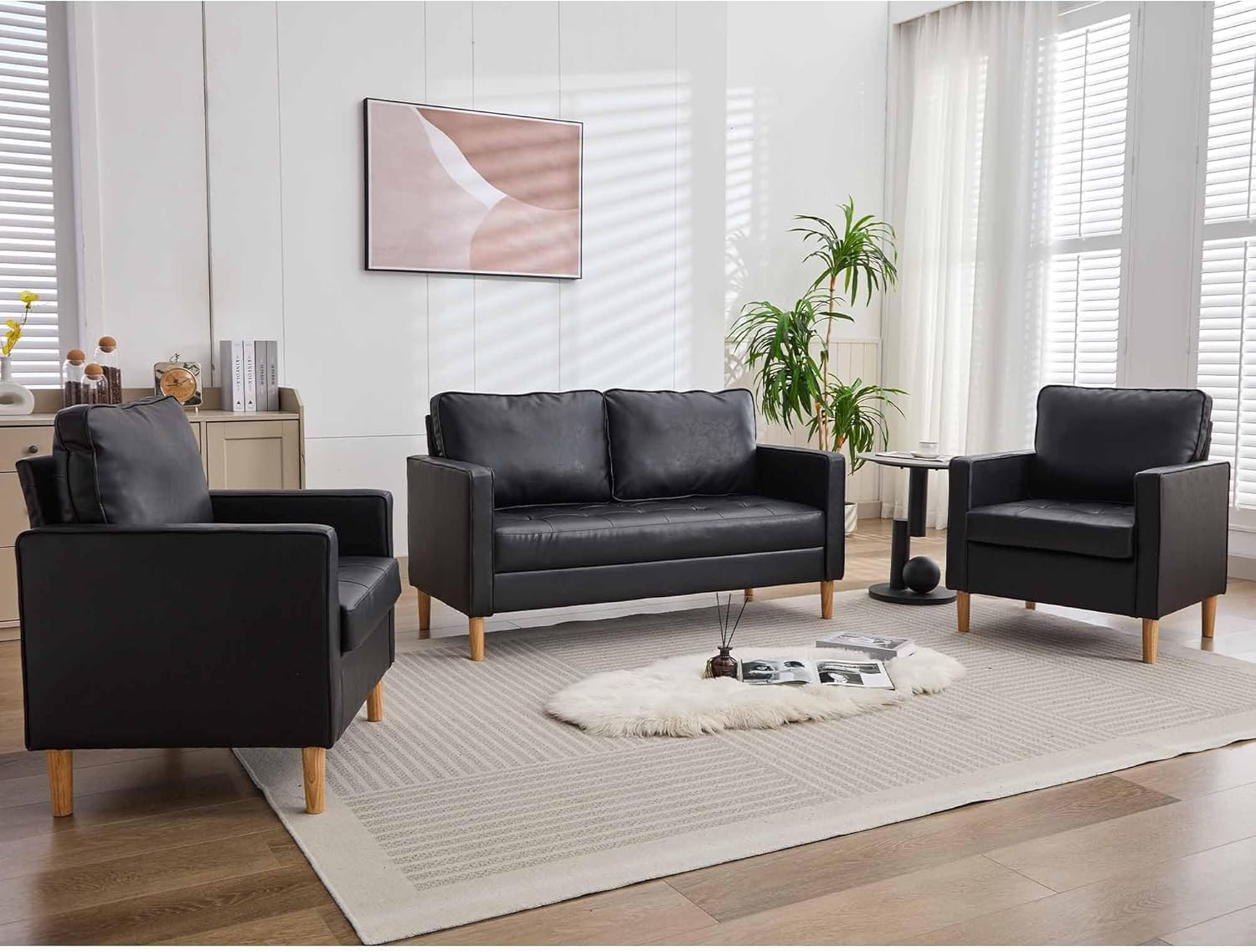 TYBOATLE 57" Sofa Couch, Black Faux Leather Modern Loveseat for Living Room, Tufted Mini Sofa, Comfy Office 2 Seat Love Seats, Small Couches for Small Space (3, Black)