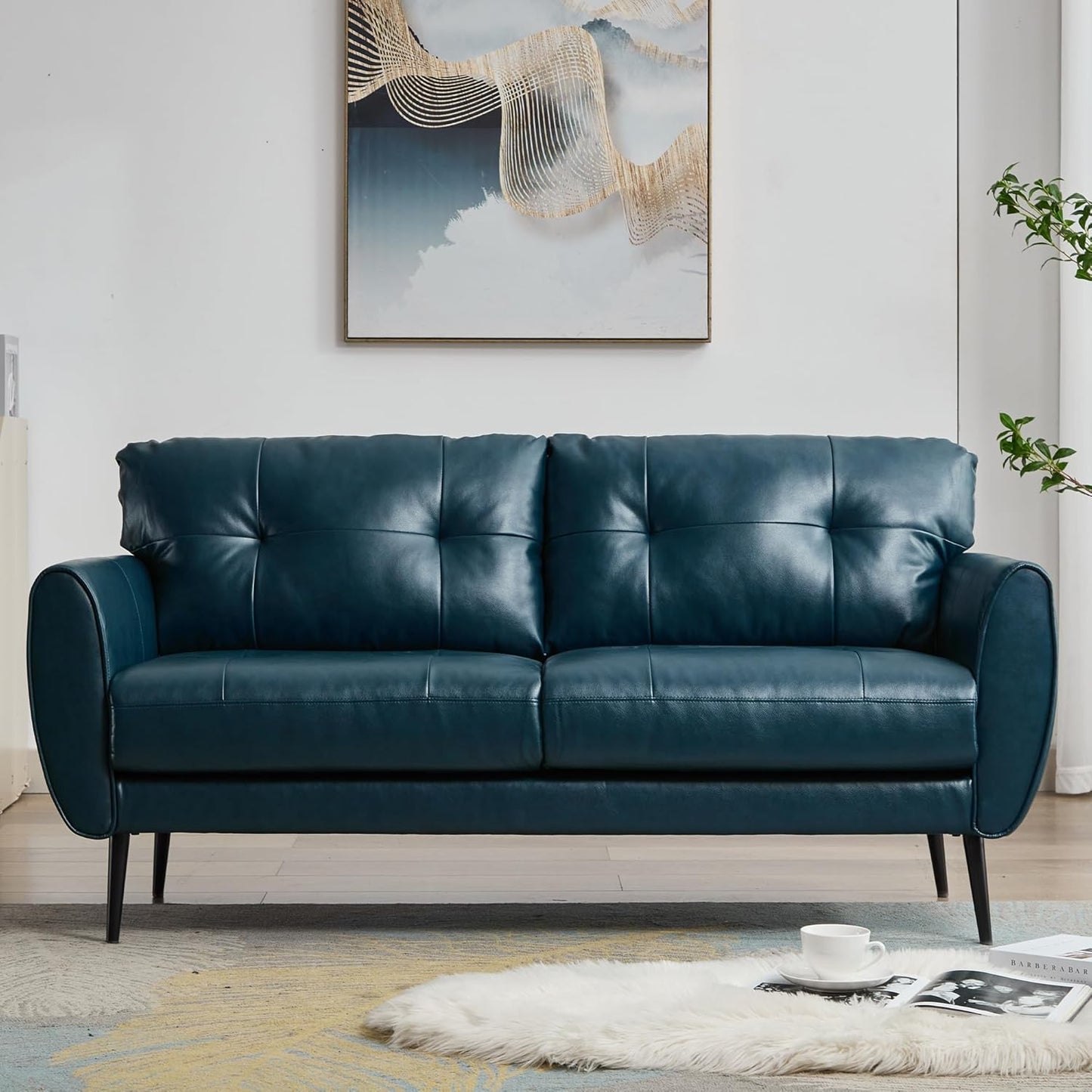 Sofa Couch 61" Small Loveseat Couches for Living Room Blue Leather Couch Mid Century Modern Tufted Mini Sofa Comfy Office 2 Seat Settee Love Seat Small Couches for Small Spaces Bedroom (1, Blue)