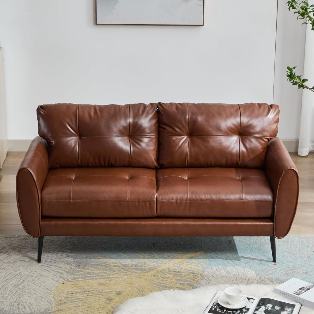 Sofa Couch 61" Small Loveseat Couches for Living Room White Leather Couch Mid Century Modern Tufted Mini Sofa Comfy Office 2 Seat Settee Love Seat Small Couches for Small Spaces Bedroom (1, Brown)