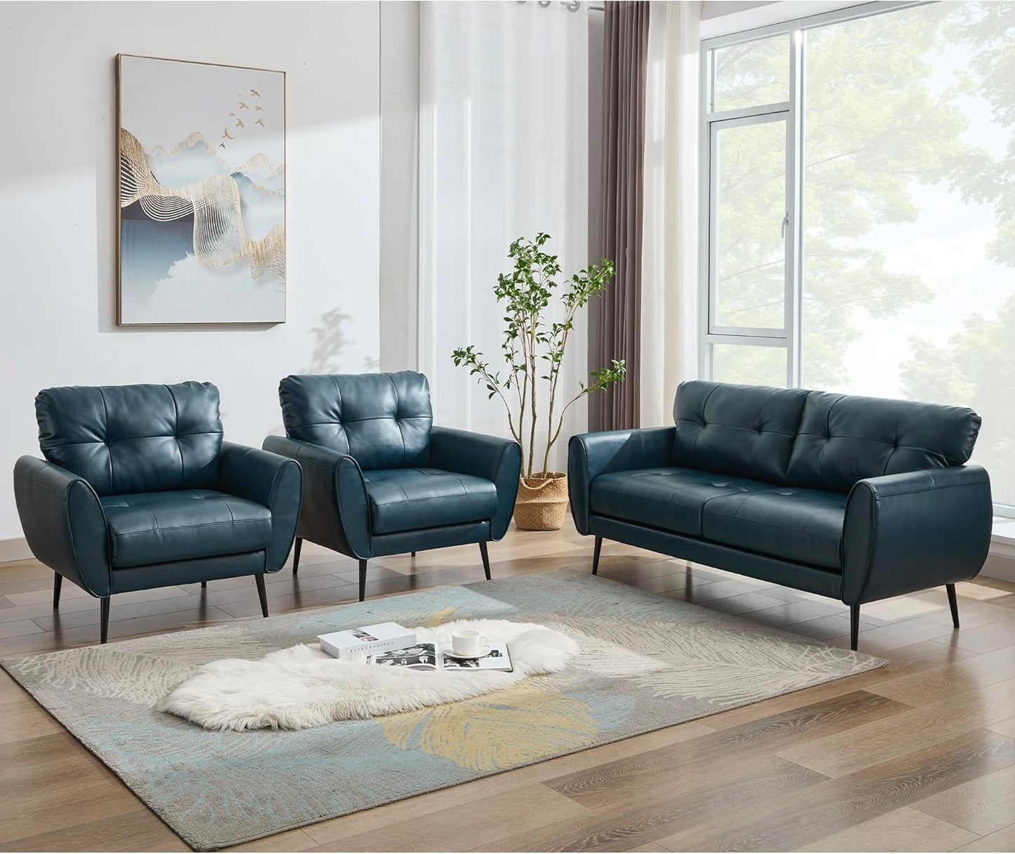 TYBOATLE Sofa Couch 61" Small Loveseat Couches for Living Room White Leather Couch Mid Century Modern Tufted Mini Sofa Comfy Office 2 Seat Settee Love Seat Small Couches for Small Spaces Bedroom (3, Blue)