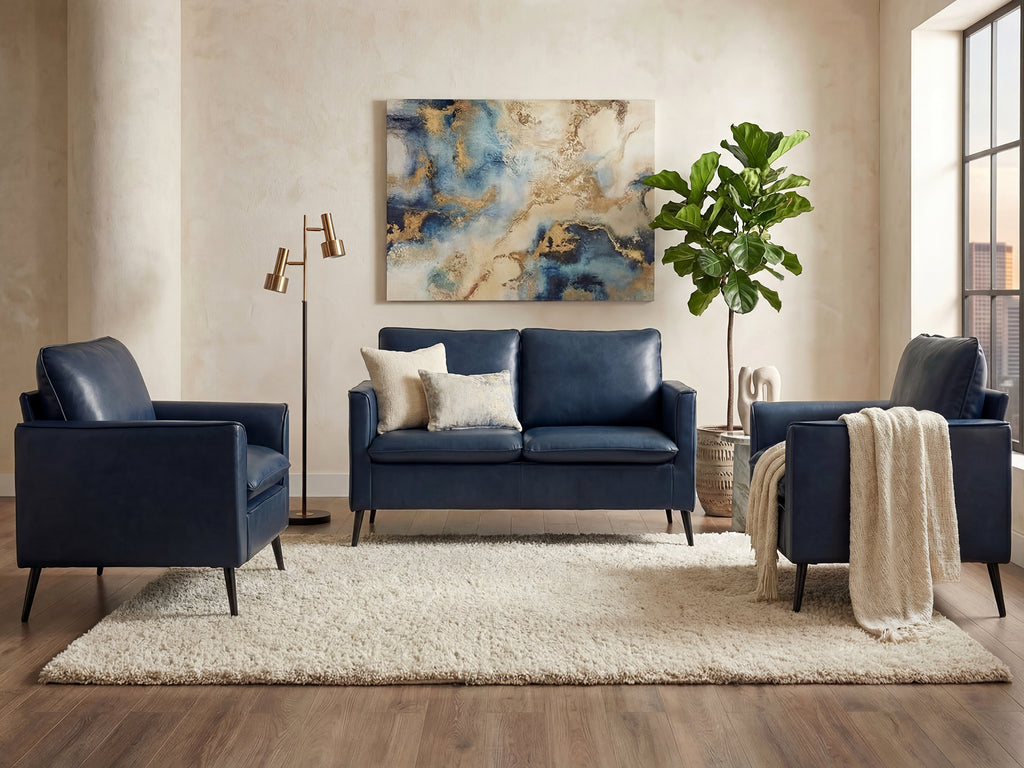 TYBOATLE Faux Leather Loveseat and Accent Chair, Comfy Love Seat Sofa and Chair Set with 2 Pillows, Mid-Century Modern 2 Seat Couches for Small Spaces, 2 Pieces Living Room Furniture Sets (3, Blue)