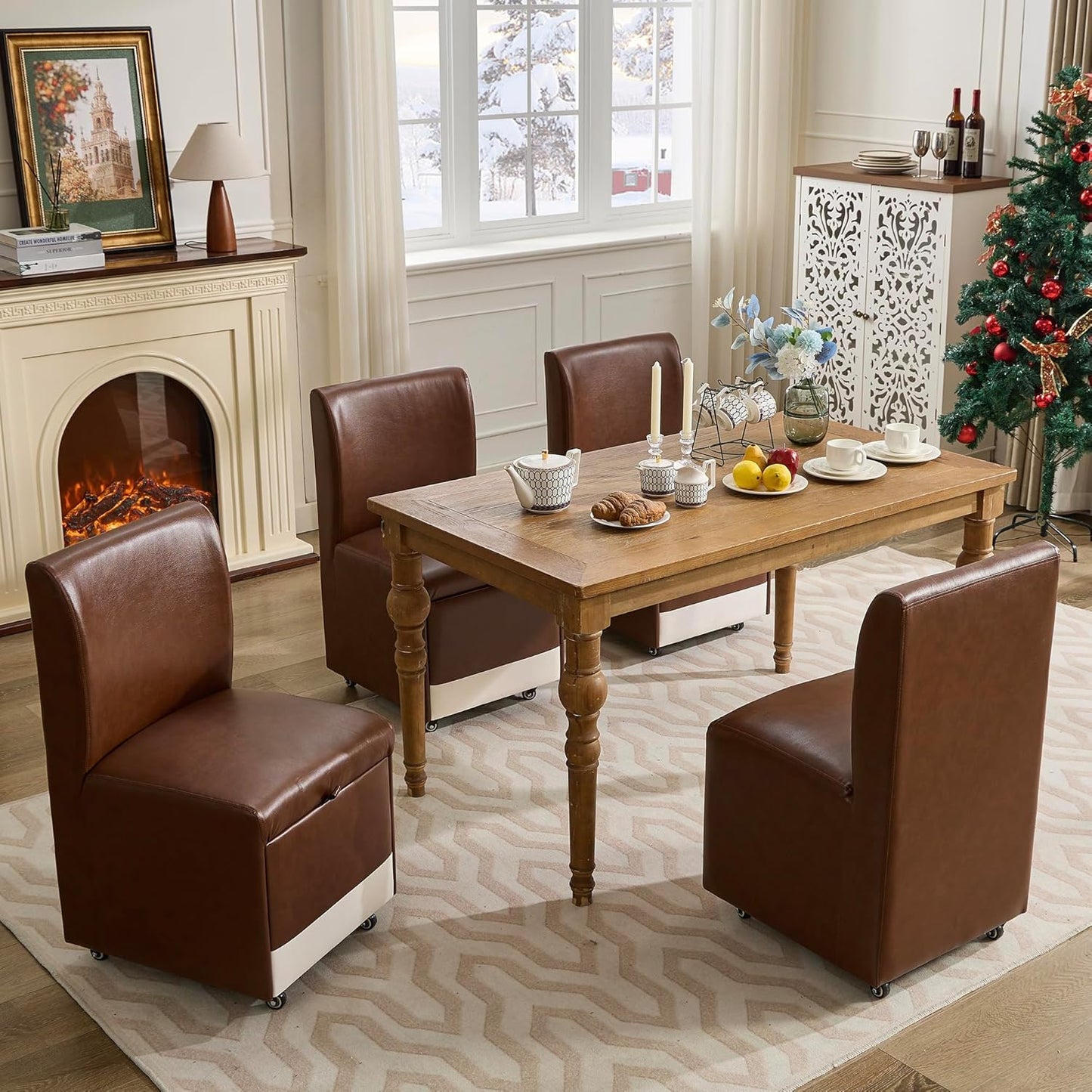 TYBOATLE Upholstered Dining Chairs Set of 4 Swivel Dining Room Chairs Kitchen Chairs w/Casters & Storage Comfy Modern Rolling Brown Leather Chair for Living Room Armless Chair (4, Chestnut Brown)