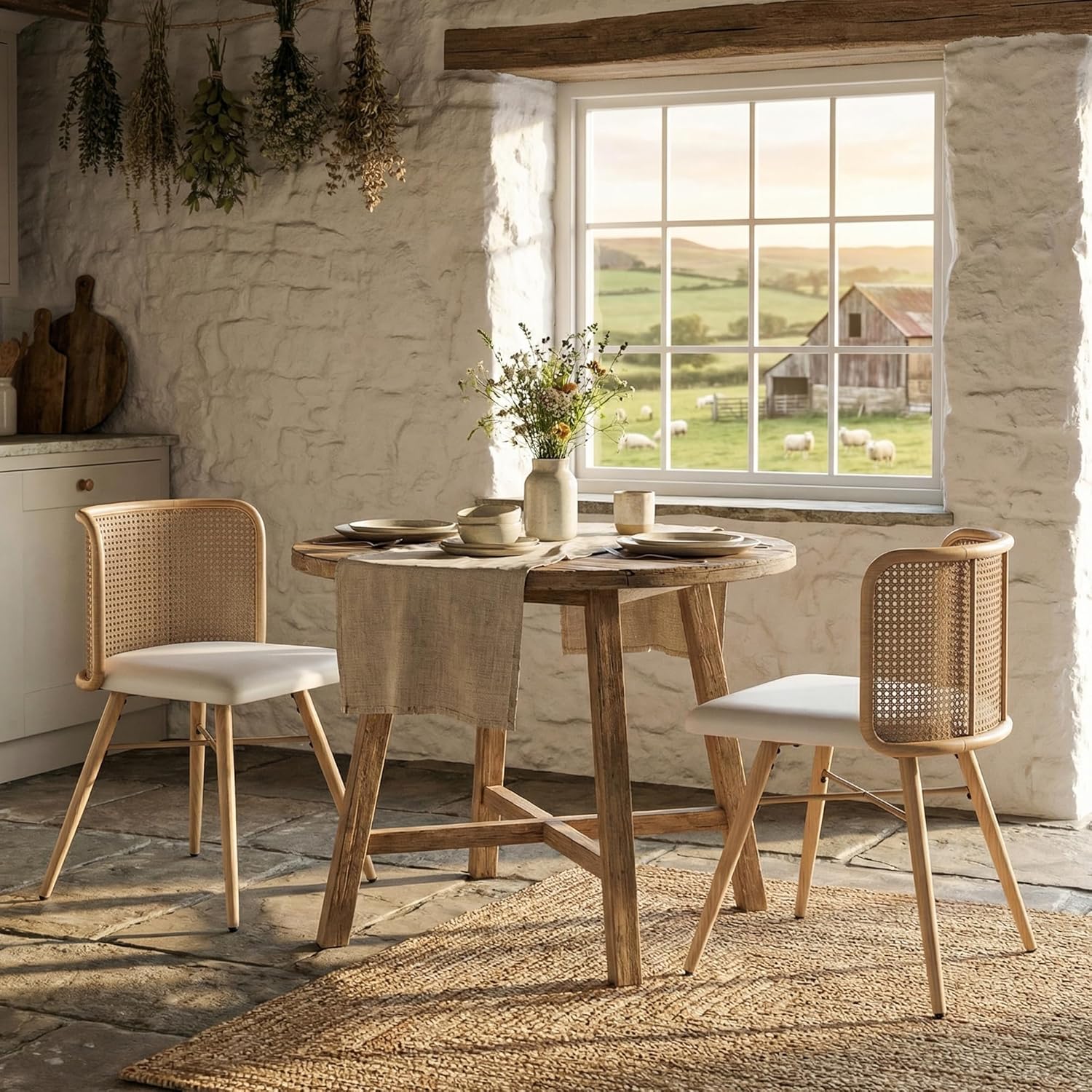 TYBOATLE Swivel Rattan Dining Chiars Set of 2, Farmhouse Boho Dining Room Chair with Rattan Woven Back and Faux Leather Seat, Upholstered Kithchen Chairs for Dining Table