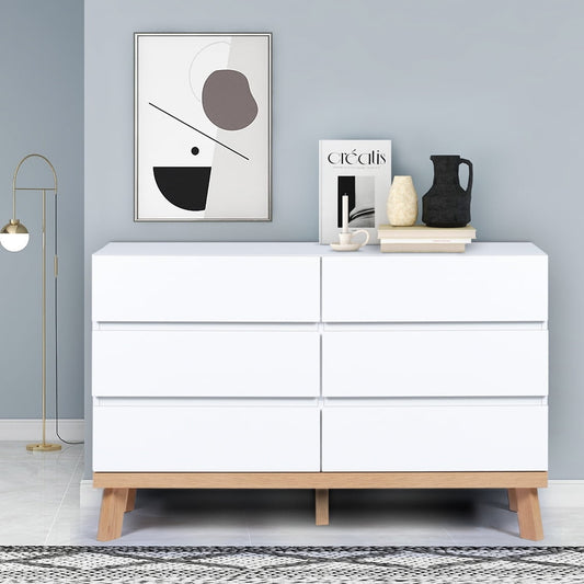 Modern White Dresser 6 Drawer Chest of Drawers for Bedroom Wood Organizer with Wide Storage Space, Storage Tower Clothes Organizer Large Storage Cabinet for Bedroom, Living Room, Hallway