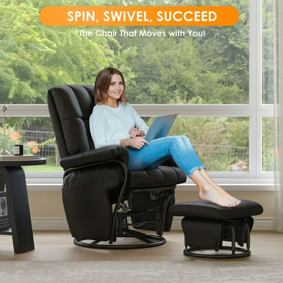 LAZZO Swivel Glider Recliner with Ottoman, 360° Rocking Chair with Footrest & Side Pockets, Living Room Bedroom Office Recliner, Black