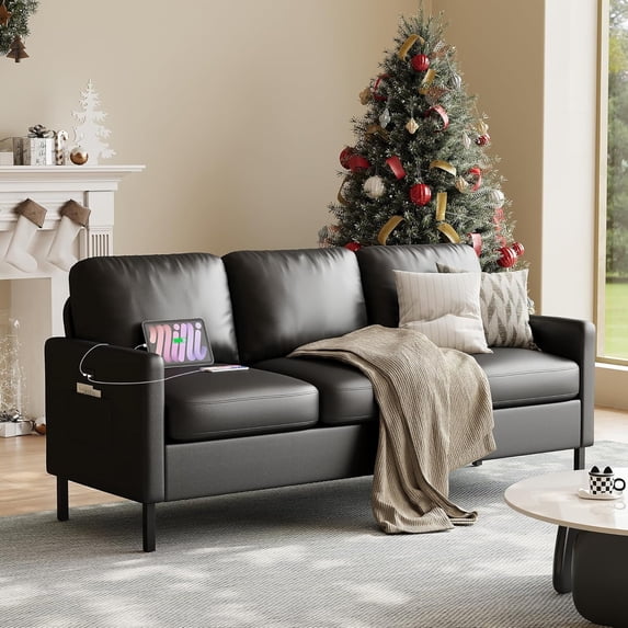 LAZZO 72" Faux Leather Couch, 3-Seater Sofa with USB Charging Ports and Side Pockets for Living Room, Bedroom and Office, Black