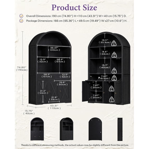 LAZZO 75” Arched Pantry Cabinet, Farmhouse Storage Cabinet with Built-In Power Strip, Anti-Tip Device and Open Shelves, Black