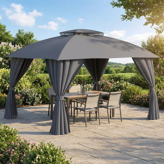 LAZZO 10'x12' Outdoor Gazebo, Double Roof Metal Frame Patio Canopy with Mosquito Netting & Privacy Screens, Gray