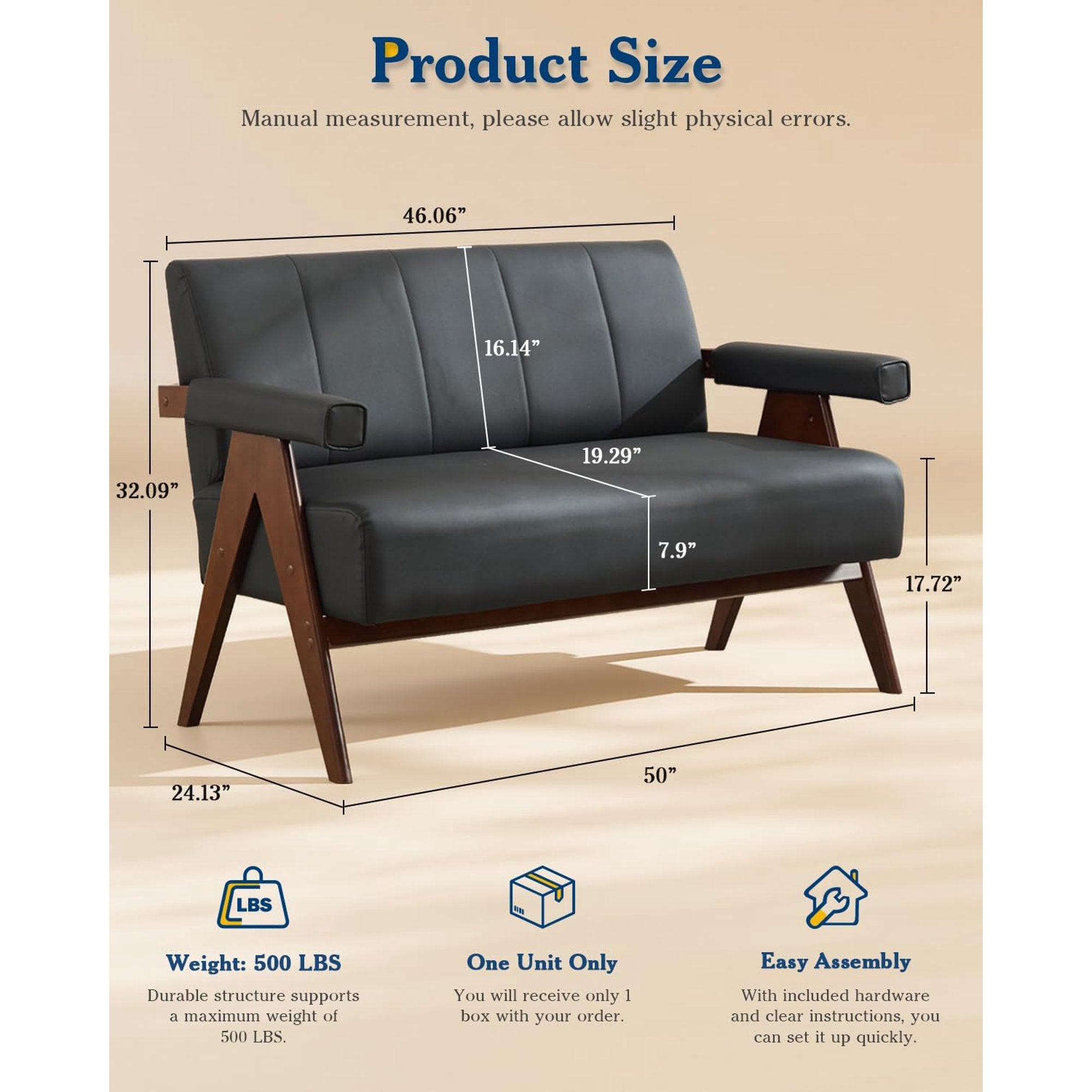 LAZZO 50" Faux Leather Loveseat, Small Comfy Couch Featuring Wooden Armrests, Ideal for Living Rooms & Offices, Black