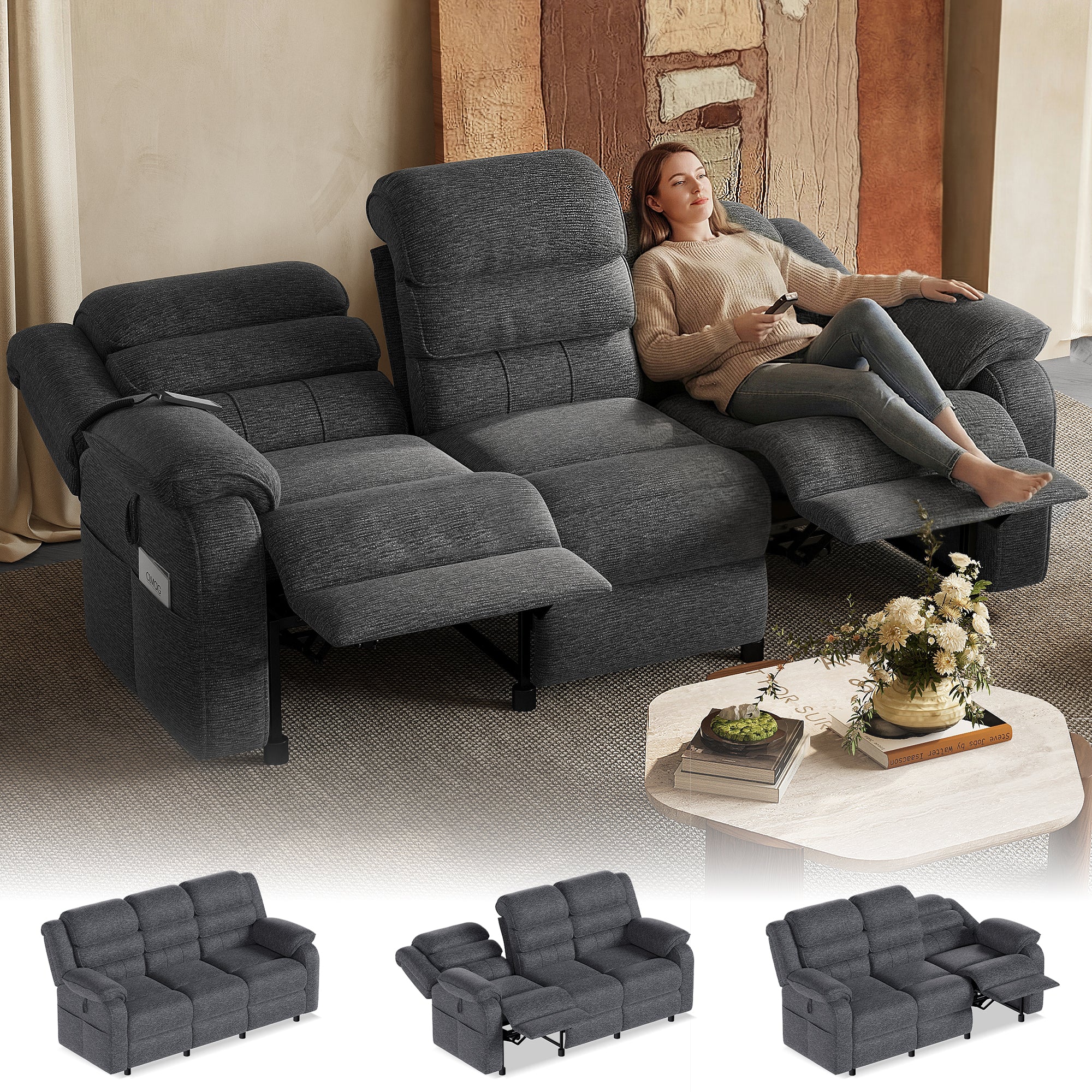 TYBOATLE Power Recliner Sofa, 3 Seater Electric Reclining Sofa with Dual Motors and Remote Control, Chenille Recliner Couch w/ Side Pockets for Living Room, RV, Game Room, Home Theater, 76.5" Wide (Grey)