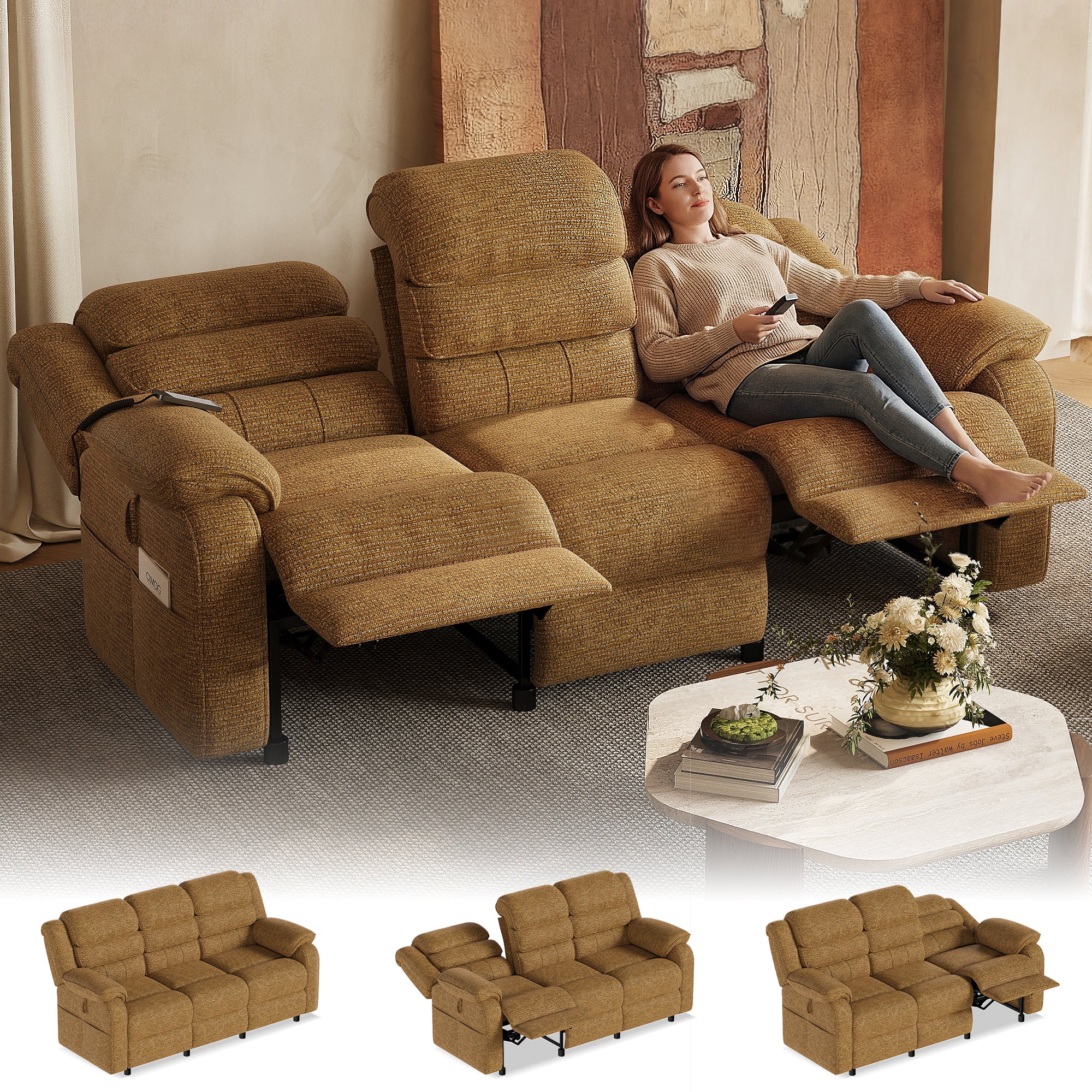TYBOATLE Power Recliner Sofa, 3 Seater Electric Reclining Sofa with Dual Motors and Remote Control, Chenille Recliner Couch w/ Side Pockets for Living Room, RV, Game Room, Home Theater, 76.5" Wide (Brown)