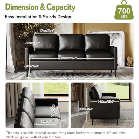 LAZZO 72" Faux Leather Couch, 3-Seater Sofa with USB Charging Ports and Side Pockets for Living Room, Bedroom and Office, Black