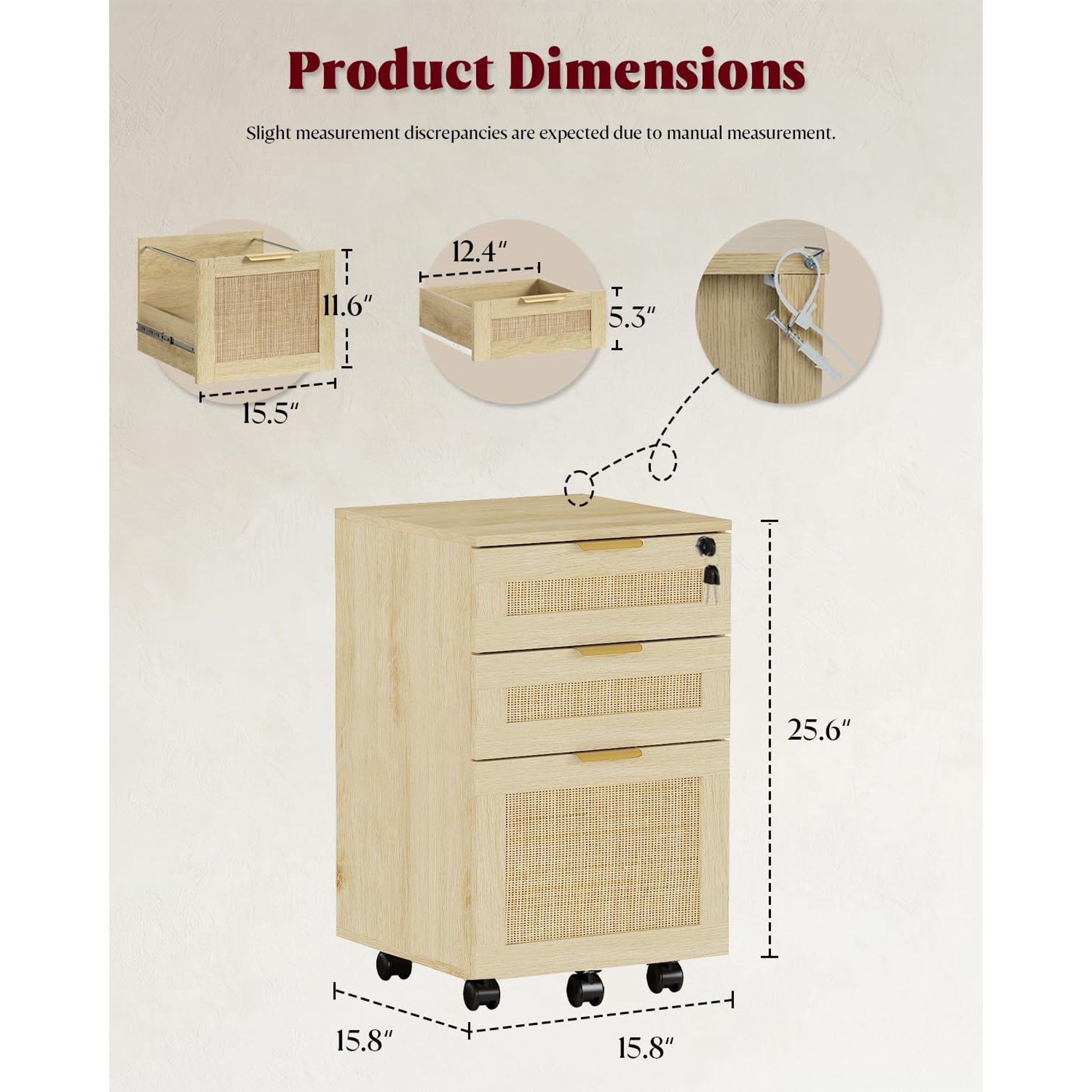 LAZZO 3-Drawer File Cabinet with Lock, Rolling Rattan Cabinet with Wheels for Home Office, Natural Wood