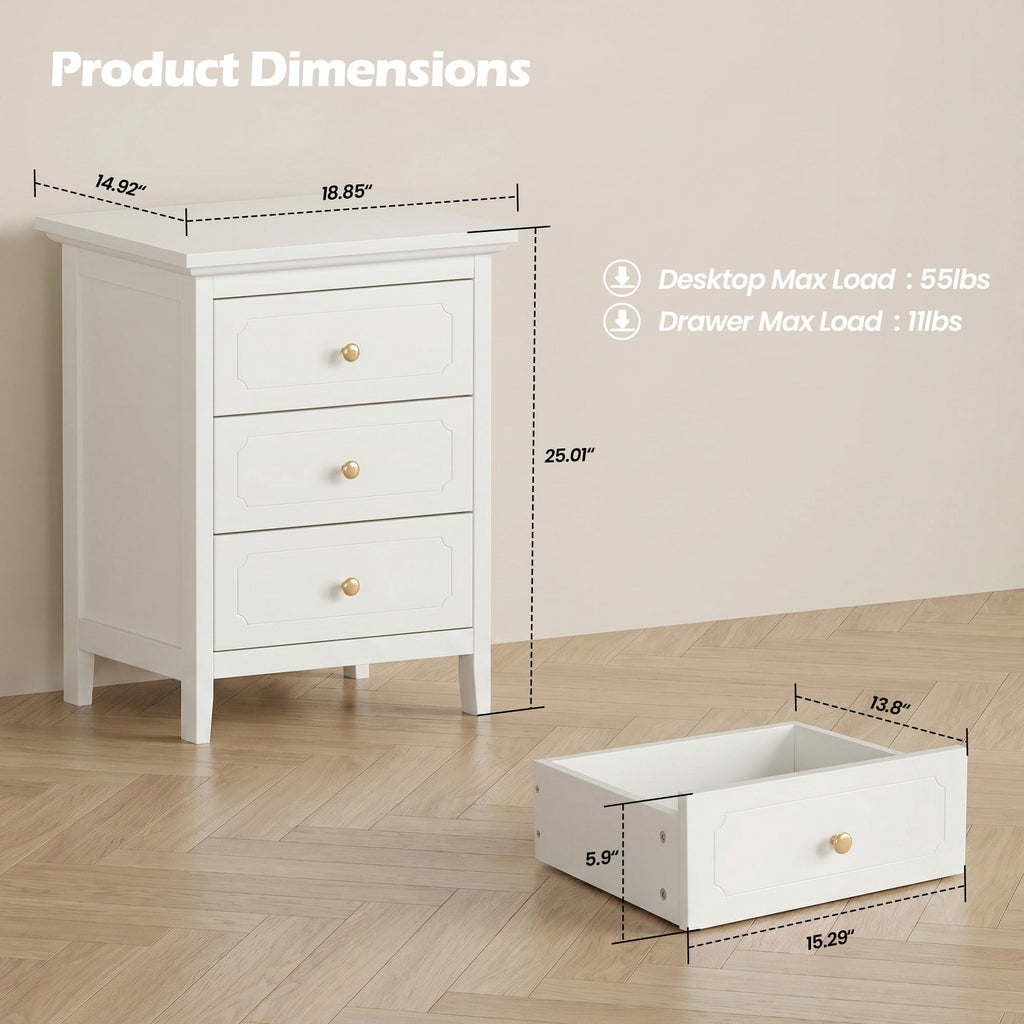 LAZZO 3-Drawer Nightstand, Storage Side End Table for Bedroom and Living Room, White