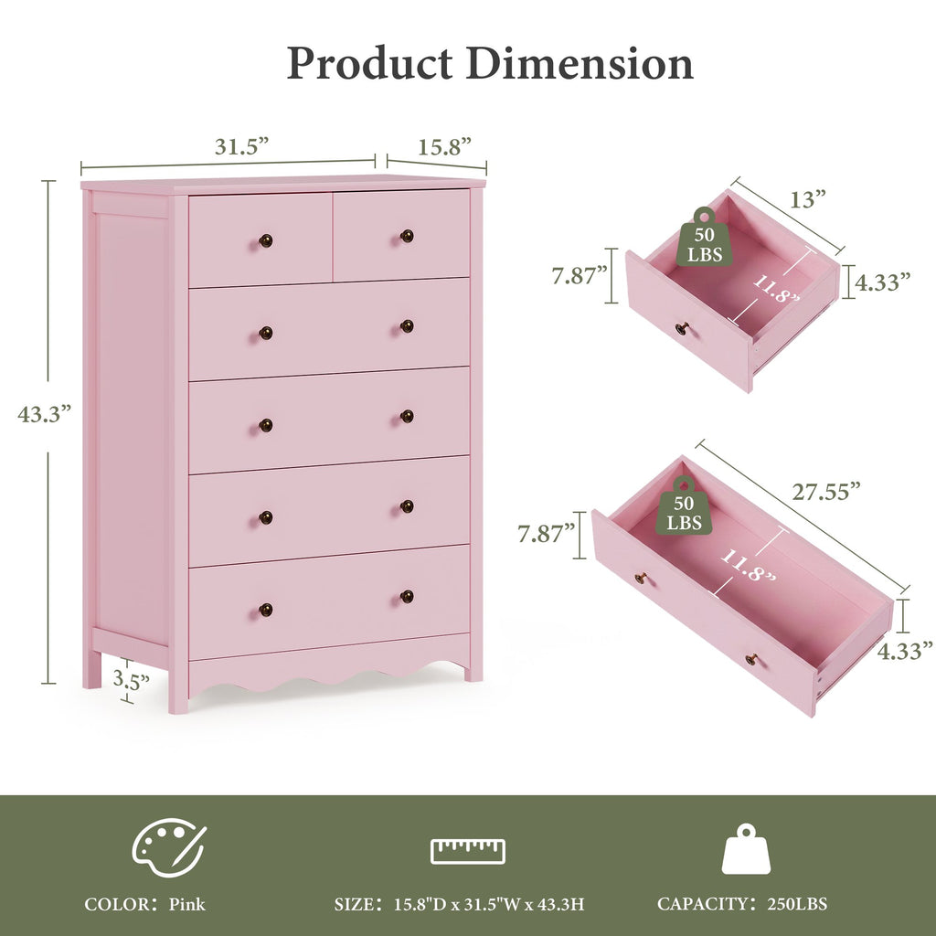 LAZZO 6-Drawer Dresser, 43.3" Tall Wood Chest of Drawers with Metal Handles for Bedroom and Living Room, Pink