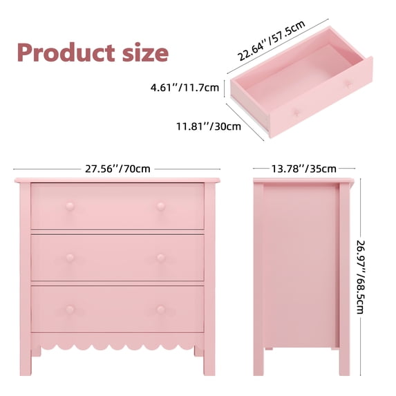 LAZZO 3-Drawer Nightstand, Modern Bedside Table with Customizable Handles for Bedroom, Pink