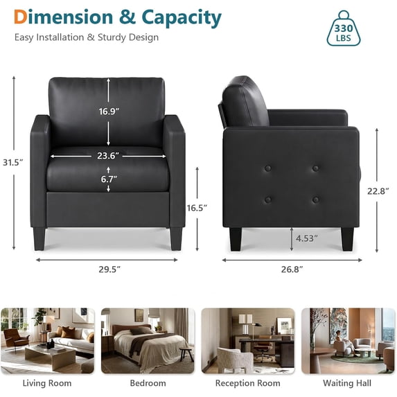 LAZZO Faux Leather Accent Chair, Mid-Century Modern Armchair with Tufted Seat and Armrests for Living Room and Office, Black