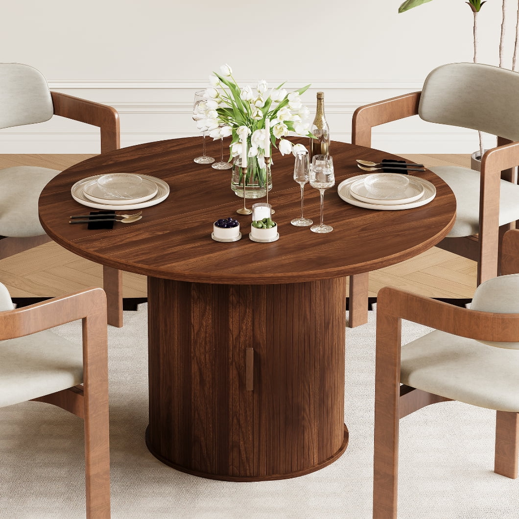 LAZZO 47" Round Dining Table with Storage, Modern Fluted Side Shelf, Seats 4-6 for Kitchen Dining Room, Walnut