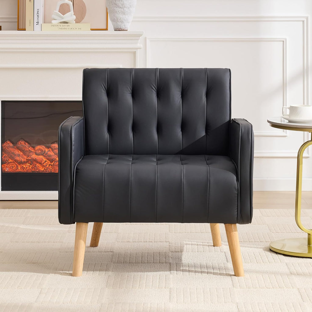 TYBOATLE Leather Accent Chair, Mid-Century Modern Living Room Chair with Pocket and Wooden Legs, Tufted Cozy Office Reading Chair, Armchair for Living Room, Waiting Room, Bedroom (Black, 1)