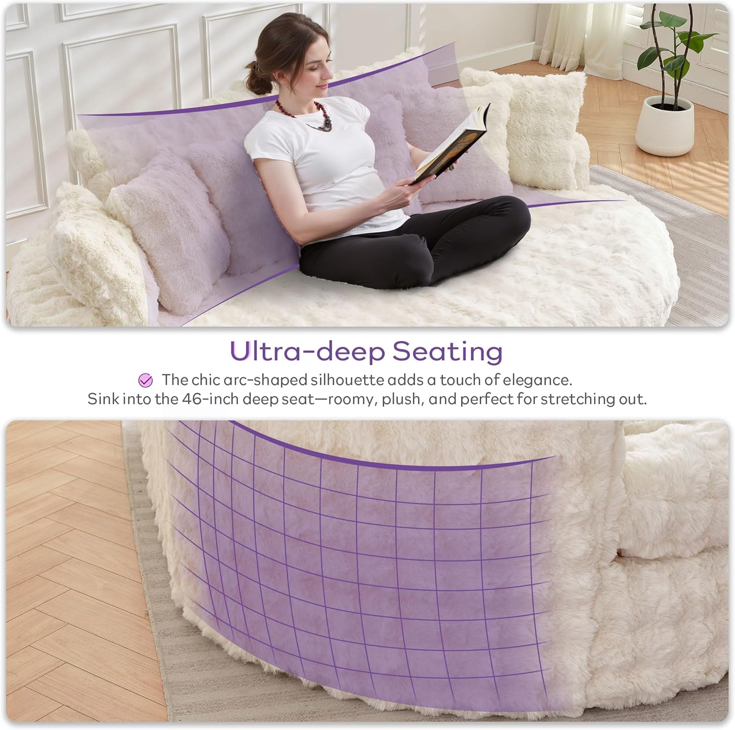 TYBOATLE 83’’ Oversized Round Boneless Couch w/Deep Seat, Round Memory Foam Couch, Comfy Fluffy Plush Bubble Sofa w/Double Cushion, Circle Bed for Livingroom, Bedroom (Beige)