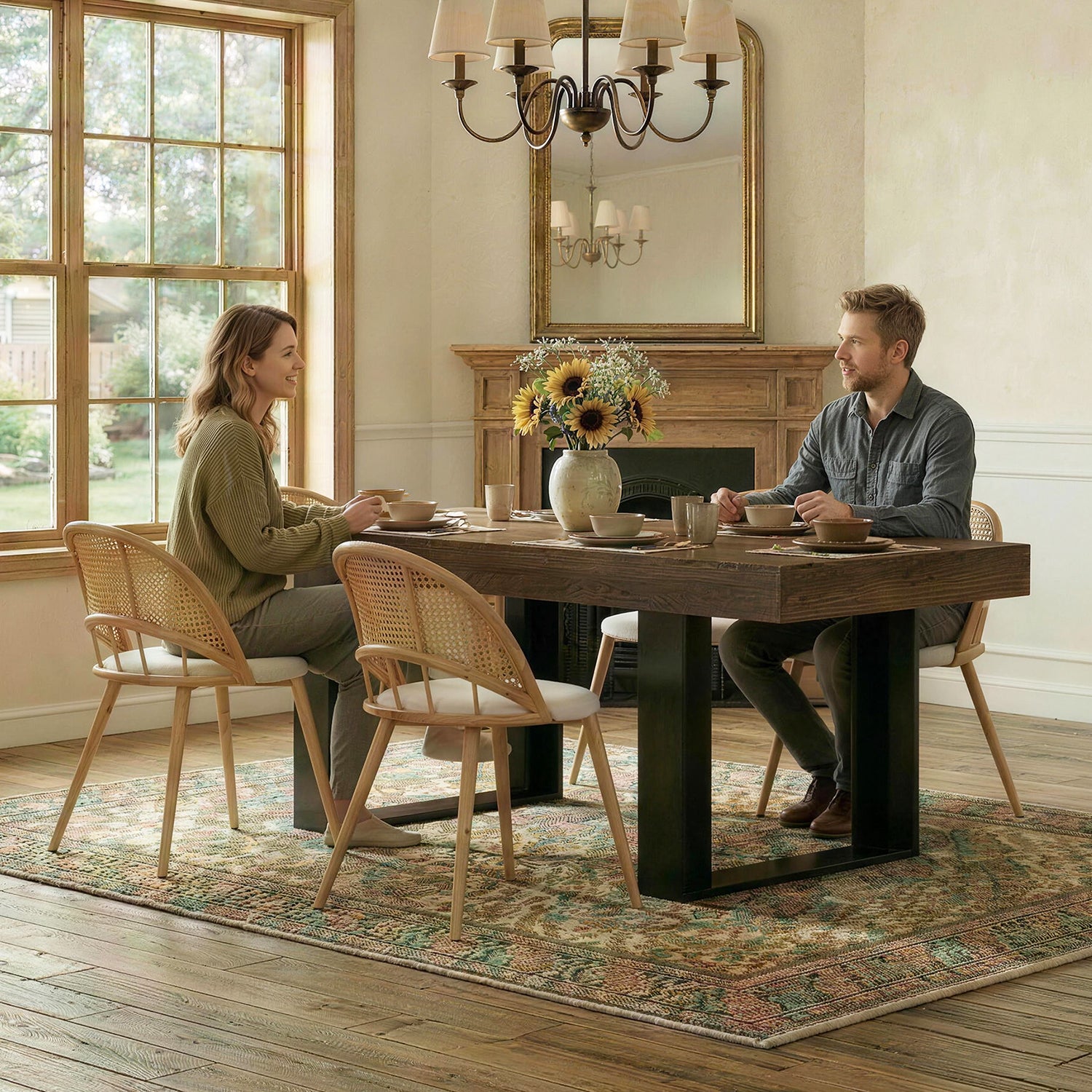 TYBOATLE 71''-87'' Extendable Dining Table Set for 4, Farmhouse Wooden Dining Room Table Set, 5 Piece Dinner Table Set with Upholstered Rattan Dining Chairs (Brown & White, 71''-87''- 4 Chairs)