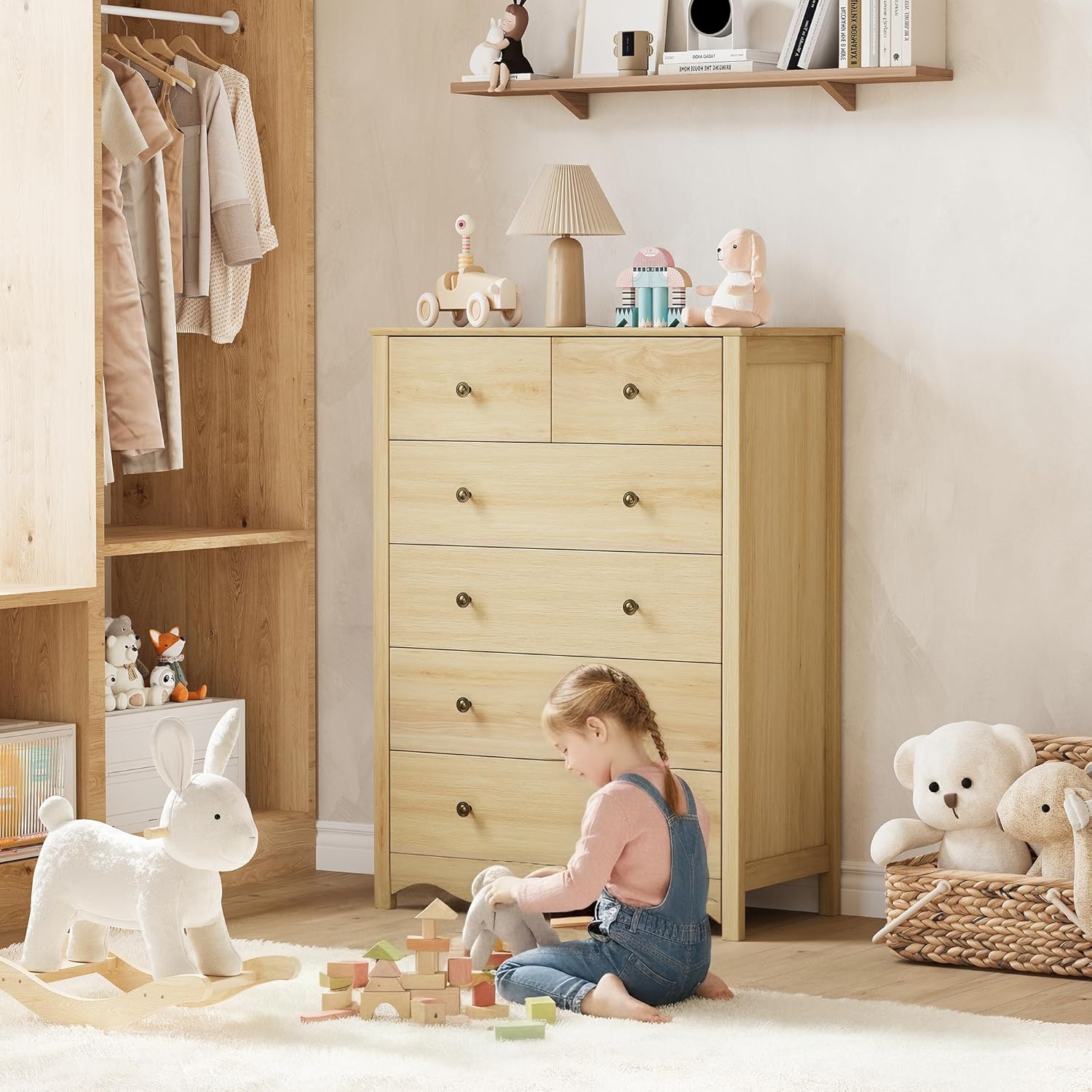 CHYMSUN Dresser for Bedroom with 6 Drawers, 44” Tall Modern Wood Dresser Chest of Drawers with Metal Handle, Farmhouse Natural Solid Wooden Dressers Organizer for Living Room, Hallway