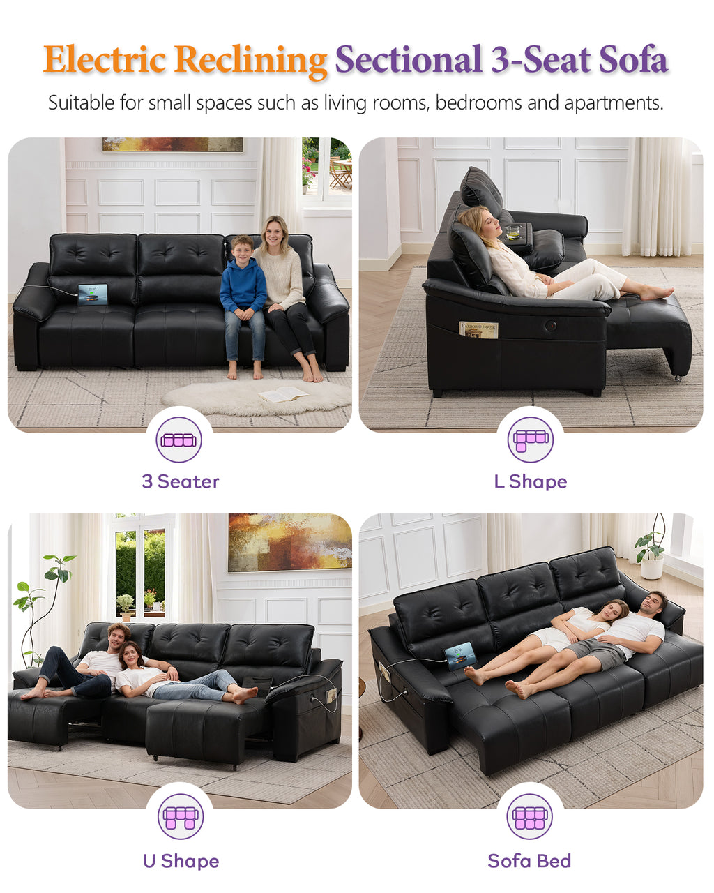 TYBOATLE Electric Reclining Sectional Couch, Power Recliner Sofa w/USB & Type-C Charging Ports and Cup Holders, Leather Reclining Sofa for Living Room, Home Theater (Black)