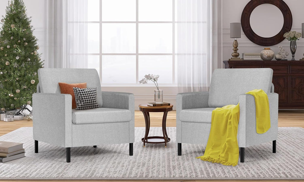 TYBOATLE Modern Fabric Linen Accent Arm Chair Set of 2, Upholstered Living Room Single Sofa Chairs with Metal Legs, Reading Lounge Armchair for Small Spaces, Apartment, Bedroom, Office (Light Grey)