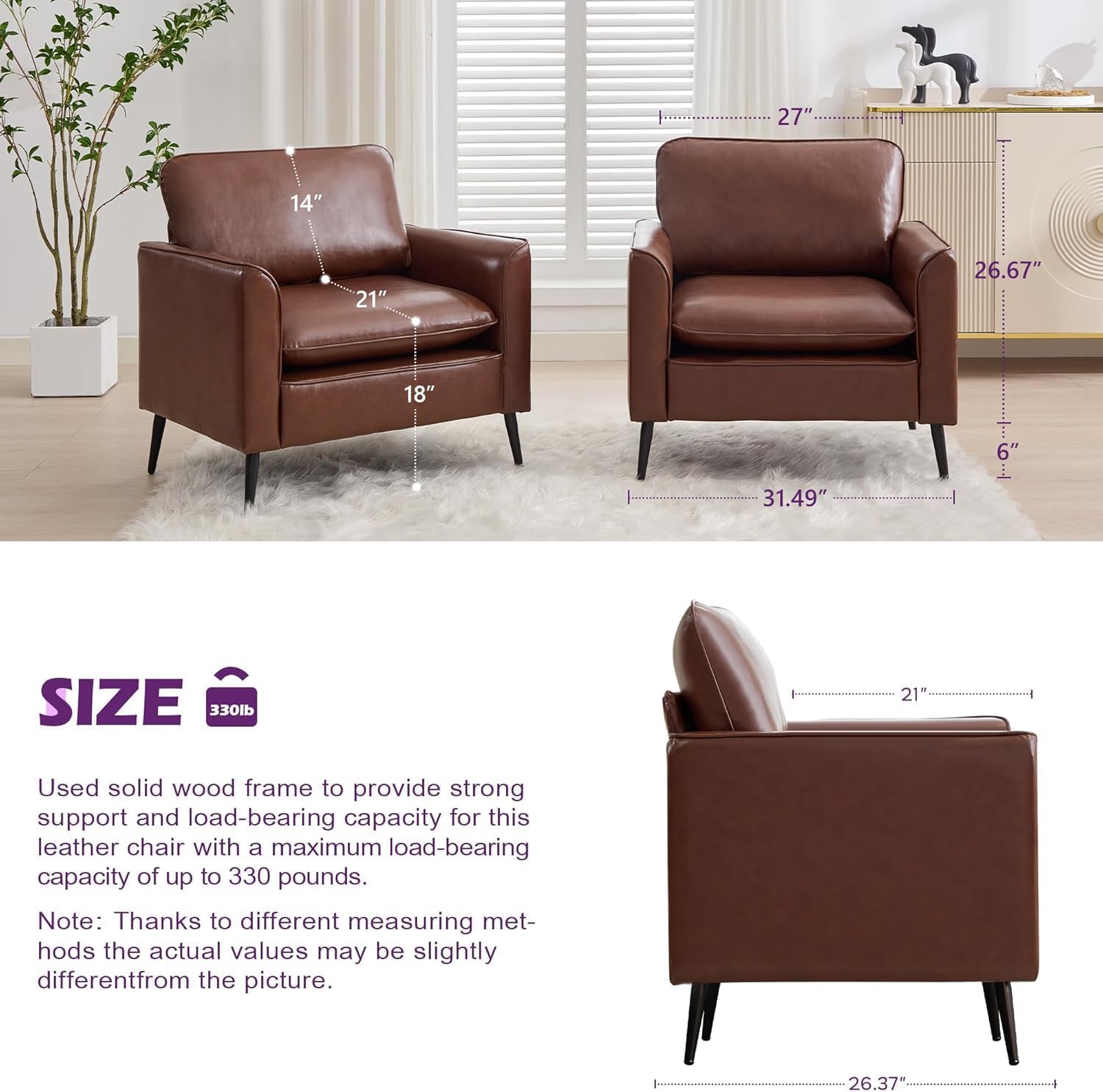 TYBOATLE Accent Chair, Brown Faux Leather Chair, Comfy Living Room Chairs, Office Reading Chair, Mid Century Modern Side Chairs, Arm Chairs for Bedroom, Office, Apartment