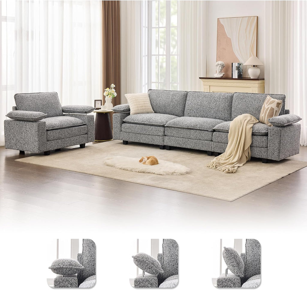 TYBOATLE 122'' Sofa Set for Living Room, Premium Kapok Fiber Sectional Couch with Chairs, Comfy Cloud Couch w/Adjustable Wider Armrest, Deep Seat Upholstered Modular Sofa for Appartment, Grey