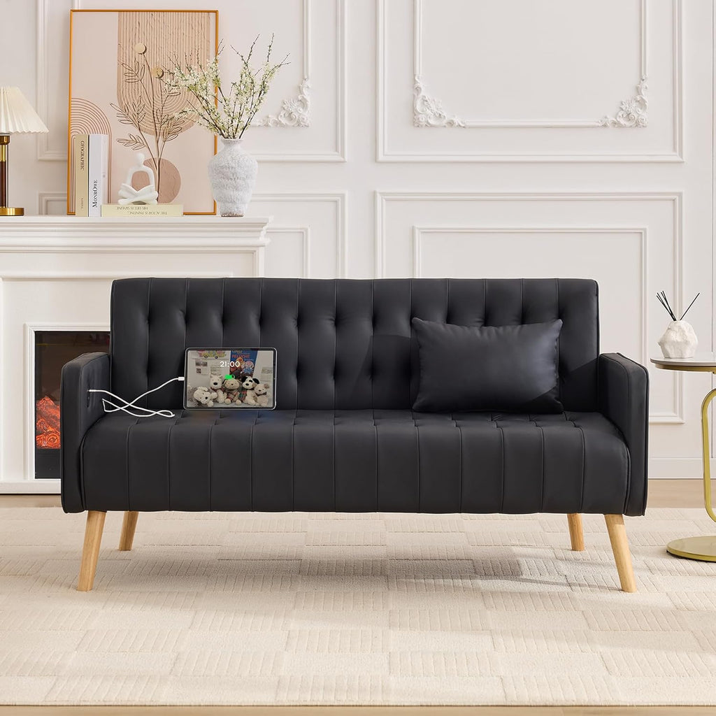 TYBOATLE 57" Faux Leather Loveseat Couch, Mid-Century Modern Comfy Office 2 Seater Sofa Couch with USB & Pockets, Small Love Seat Mini Couches for Living Room, Apartment, Bedroom (Black, 1)