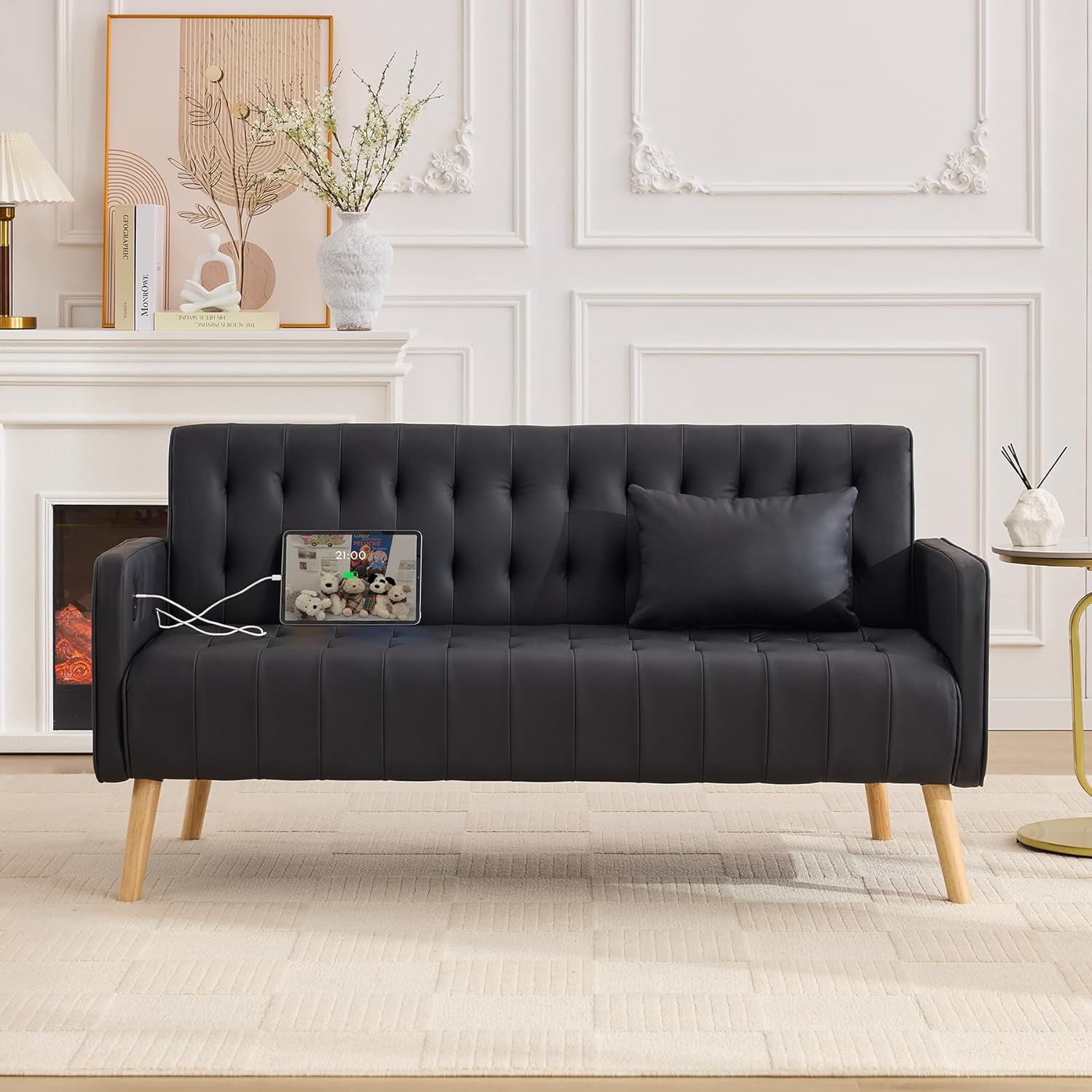 TYBOATLE 57" Faux Leather Loveseat Couch, Mid-Century Modern Comfy Office 2 Seater Sofa Couch with USB & Pockets, Small Love Seat Mini Couches for Living Room, Apartment, Bedroom (Black, 1)